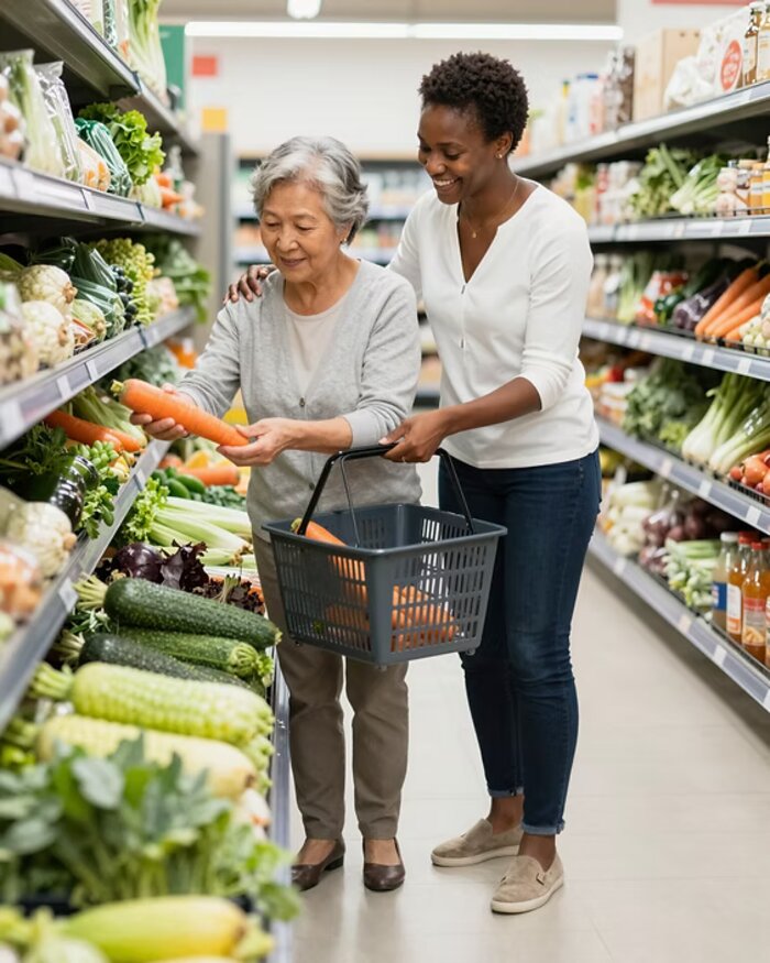 Carer helping a client with grocery shopping