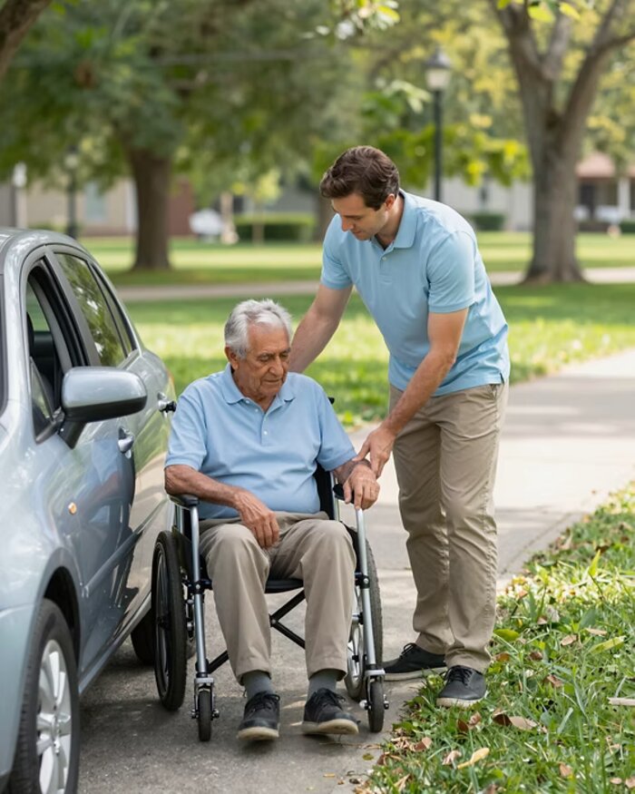 Carer helping a client into a car for a community outing